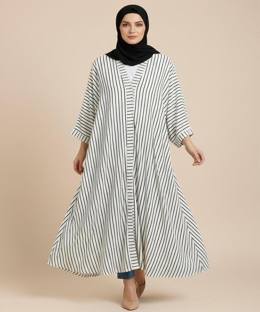 Front Open White Abaya with Fine Black Vertical Stripes for a Modern Look