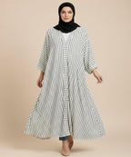 Front Open White Abaya with Fine Black Vertical Stripes for a Modern Look