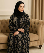 Front Open Printed Abaya Black