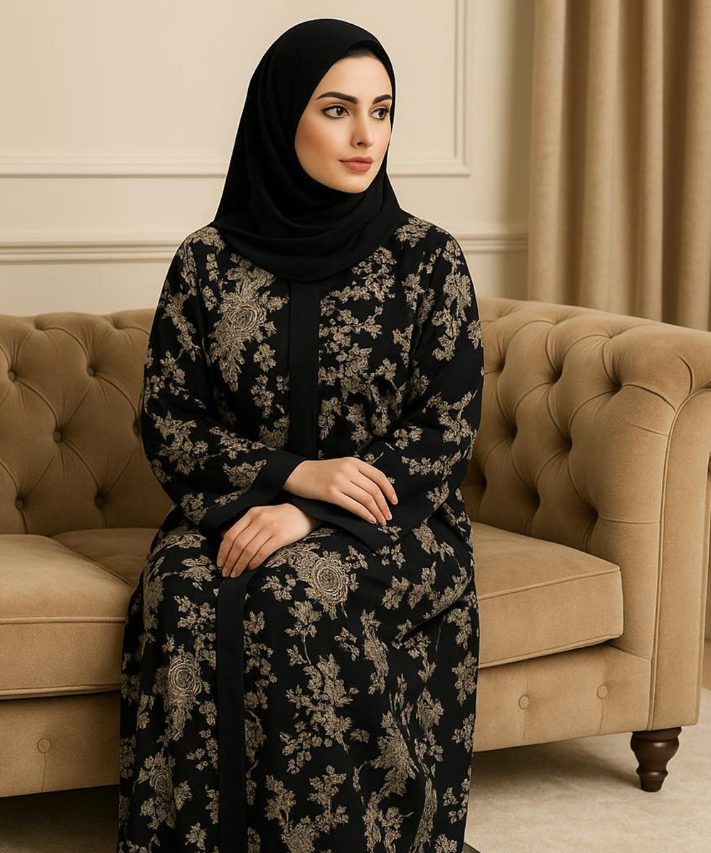 Front Open Printed Abaya Black