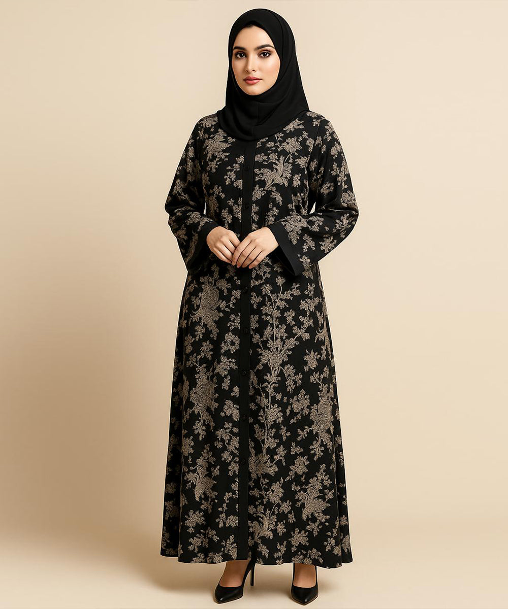 Front Open Printed Abaya Black