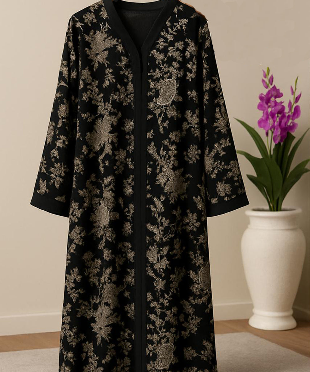 Front Open Printed Abaya Black