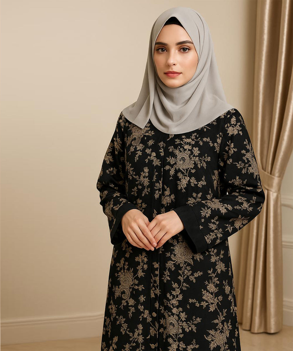 Front Open Printed Abaya Black
