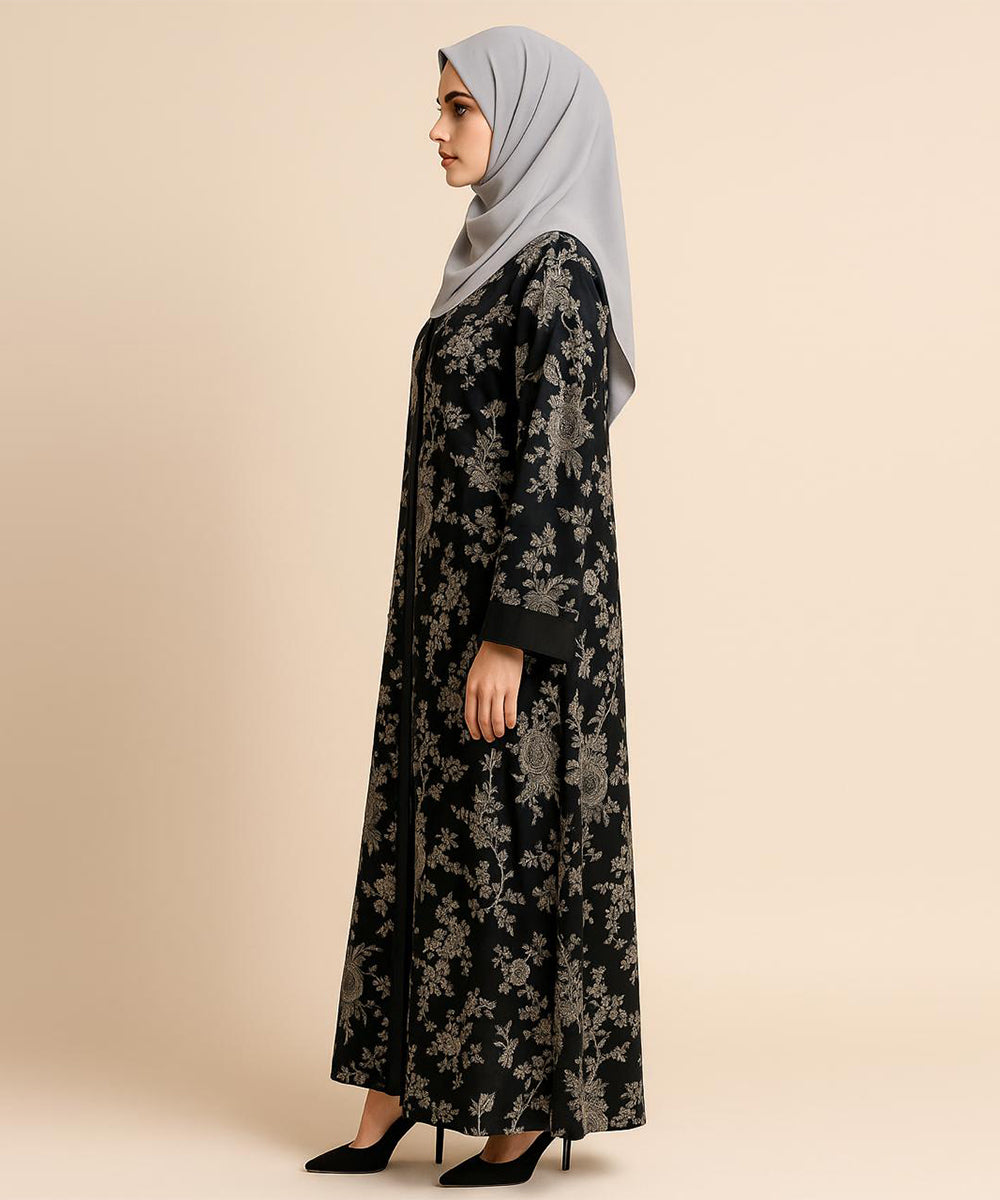 Front Open Printed Abaya Black