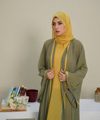 Front Vertical Panels Abaya Yellow & Green With Hijab