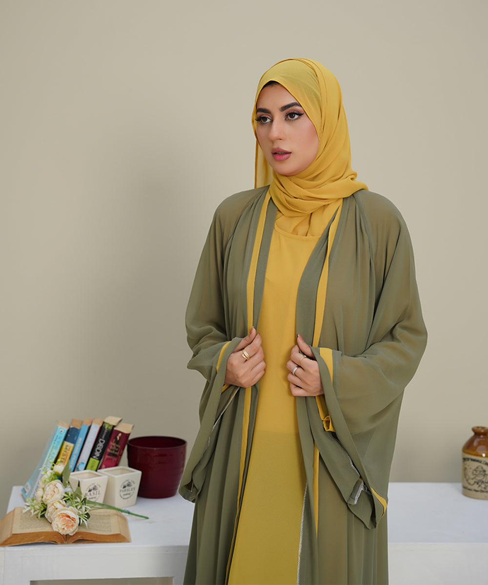 Front Vertical Panels Abaya Yellow & Green With Hijab
