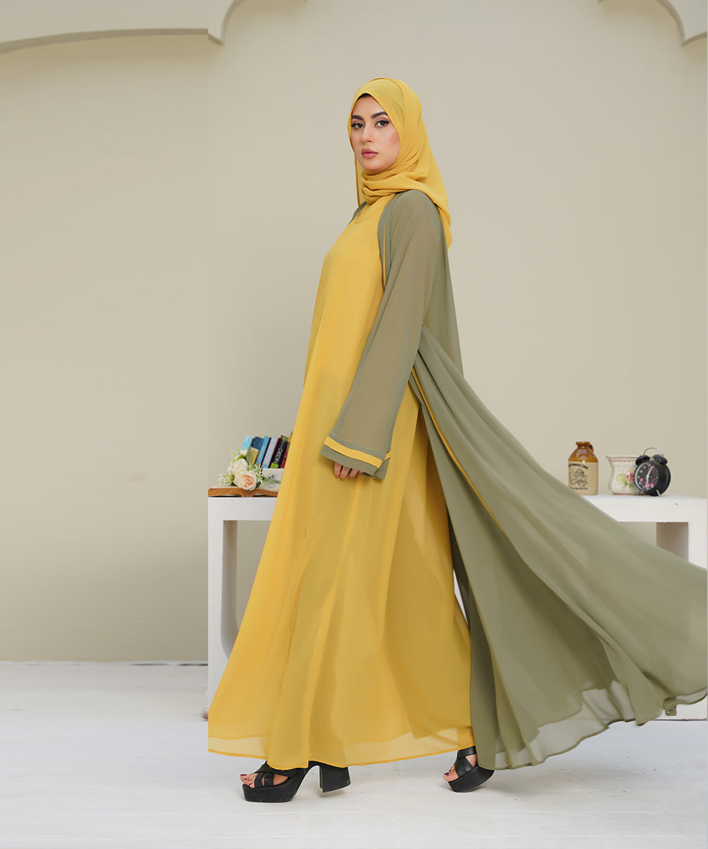 Front Vertical Panels Abaya Yellow & Green With Hijab