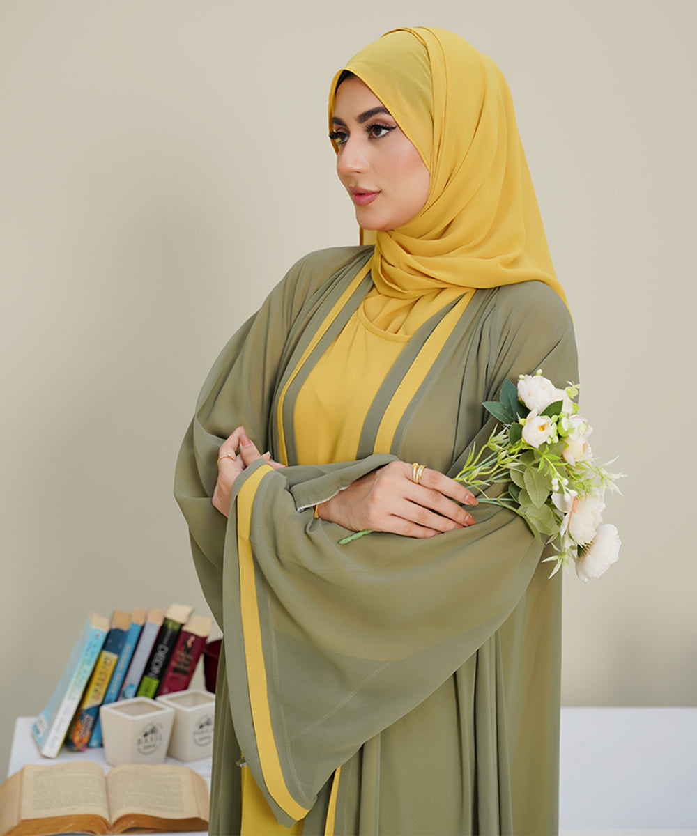 Front Vertical Panels Abaya Yellow & Green With Hijab