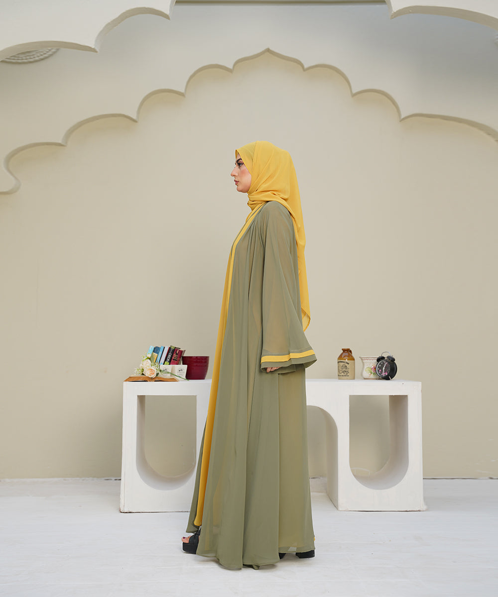 Front Vertical Panels Abaya Yellow & Green With Hijab