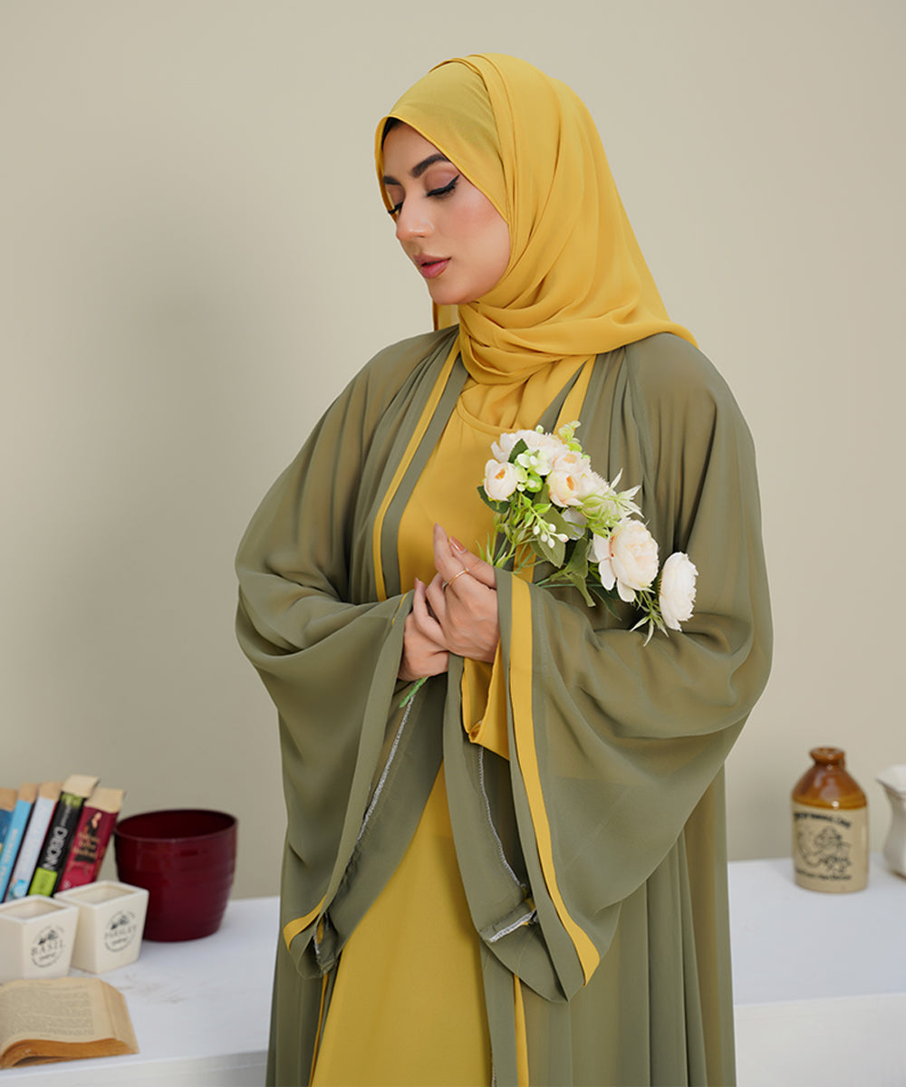 Front Vertical Panels Abaya Yellow & Green With Hijab