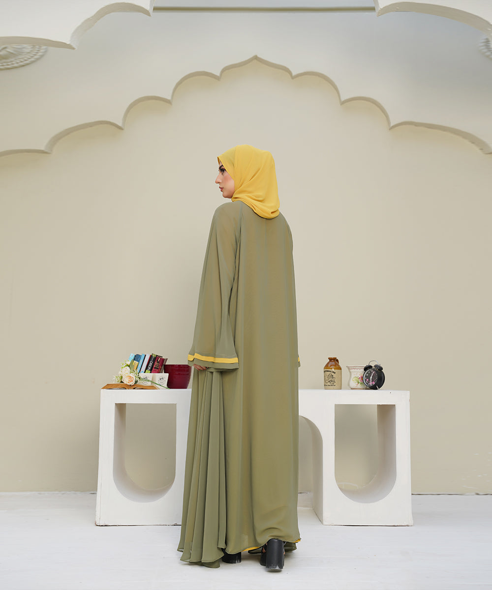 Front Vertical Panels Abaya Yellow & Green With Hijab