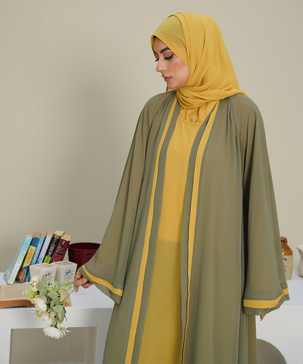 Front Vertical Panels Abaya Yellow & Green With Hijab