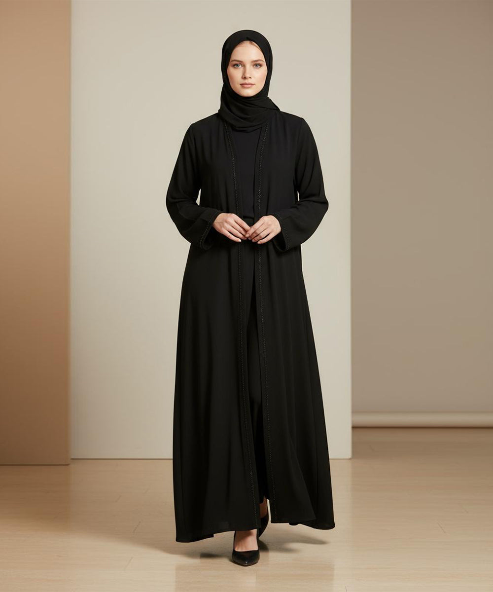 Front Open Abaya (Lace) With Hijab Classic Deep Black