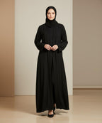 Front Open Abaya (Lace) With Hijab Classic Deep Black