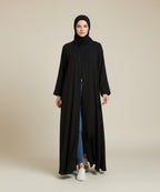 Front Open Abaya (Lace) With Hijab Classic Deep Black