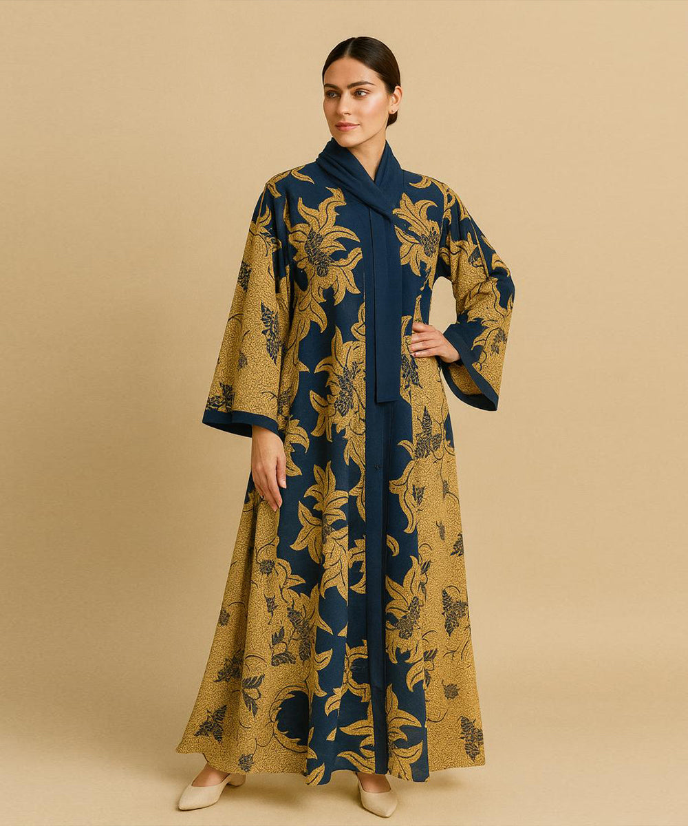 Front Open Umbrella Style Bold Navy & Golden Floral Prints