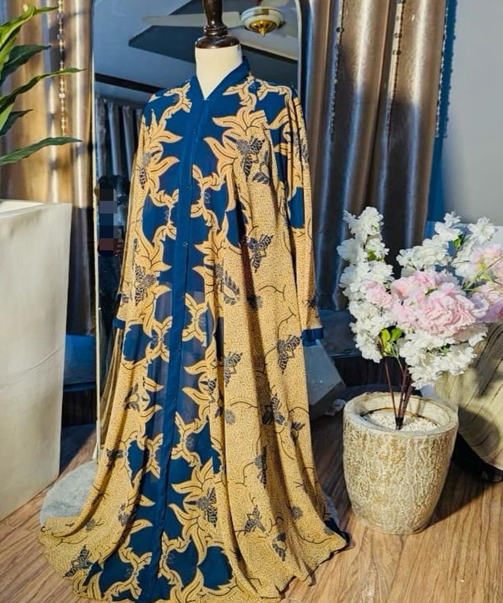 Front Open Umbrella Style Bold Navy & Golden Floral Prints