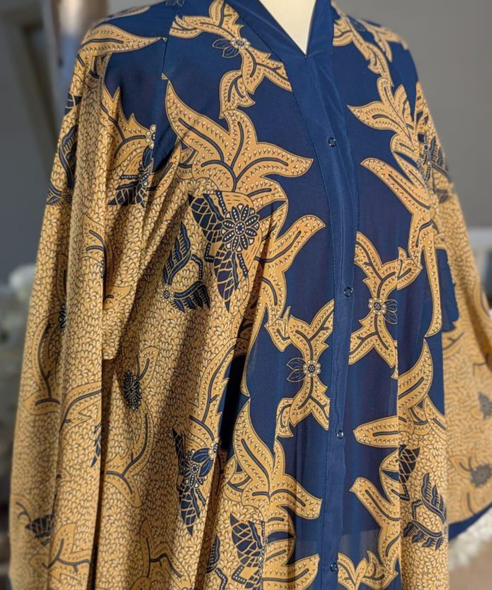 Front Open Umbrella Style Bold Navy & Golden Floral Prints