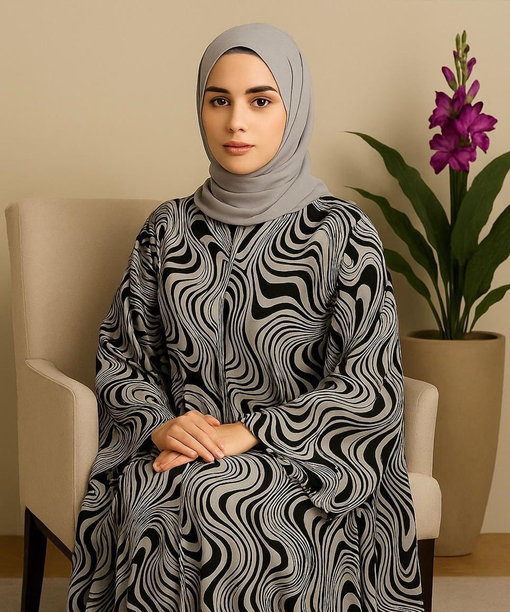 Front Open Abaya Black with Grey Wave Print