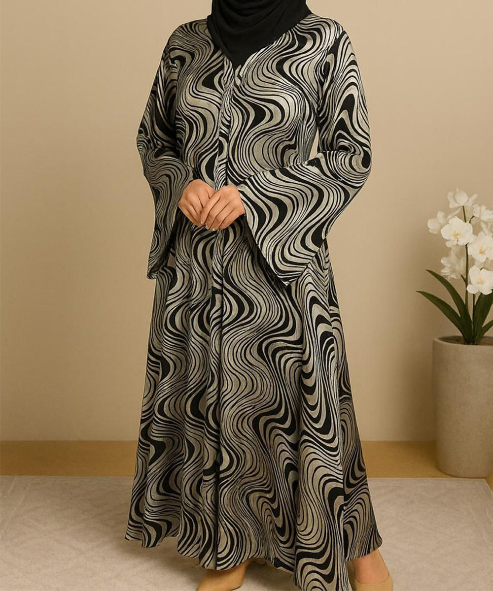 Front Open Abaya Black with Grey Wave Print