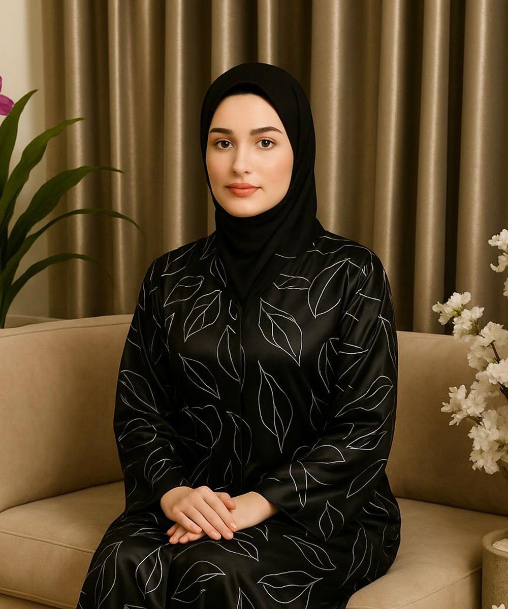 Front Open Abaya Classic Black Base With White Leaf Pattern