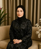 Front Open Abaya Classic Black Base With White Leaf Pattern