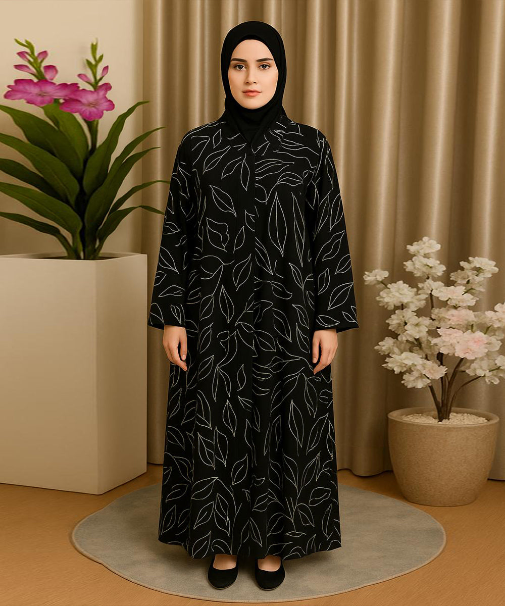Front Open Abaya Classic Black Base With White Leaf Pattern