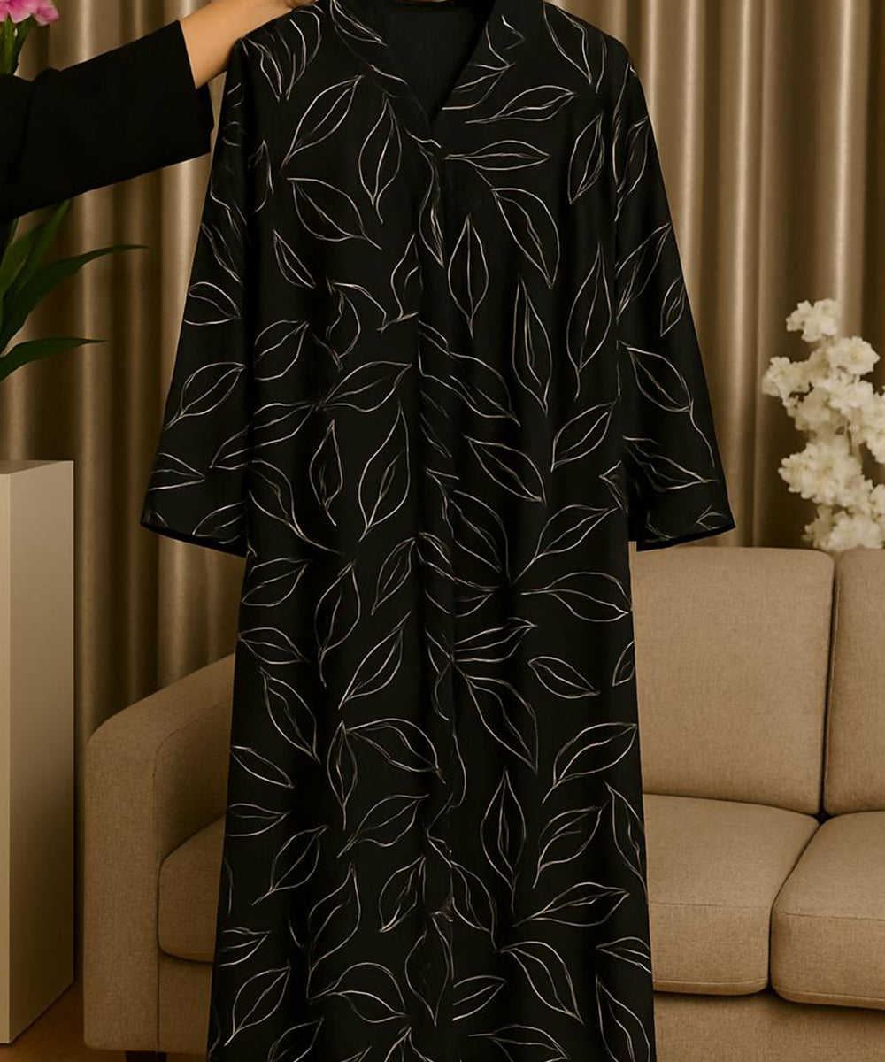 Front Open Abaya Classic Black Base With White Leaf Pattern