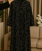 Front Open Abaya Classic Black Base With White Leaf Pattern