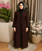 Front Open Abaya Jet Black Base with Red Floral Pattern