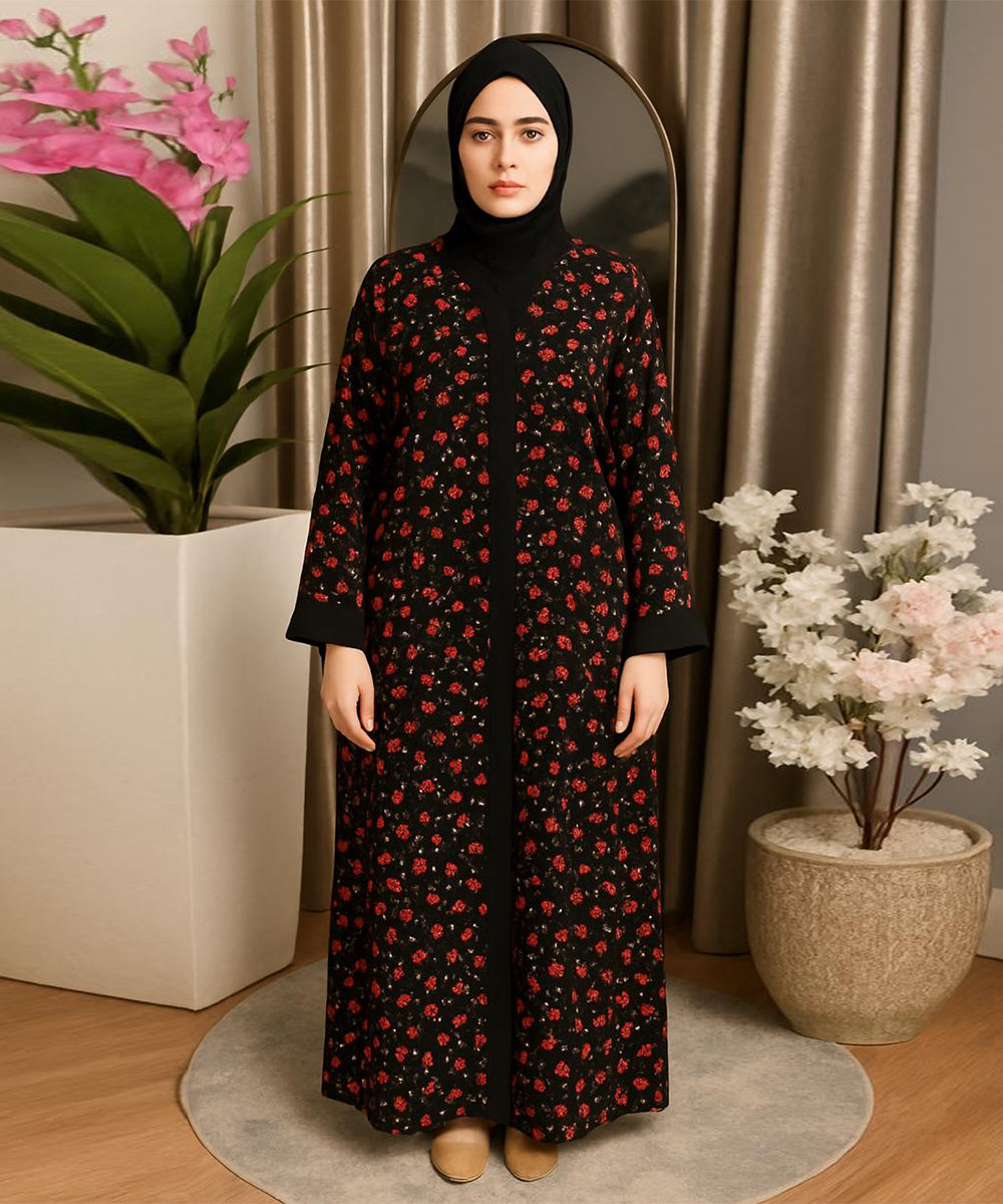 Front Open Abaya Jet Black Base with Red Floral Pattern