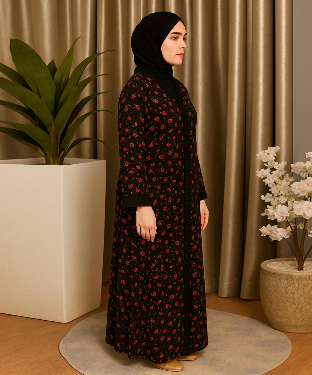 Front Open Abaya Jet Black Base with Red Floral Pattern