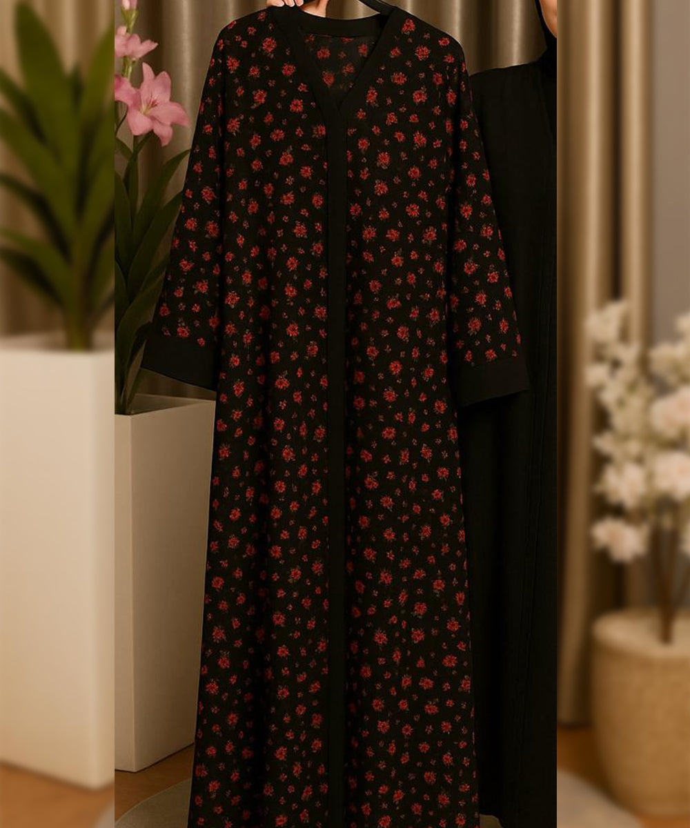 Front Open Abaya Jet Black Base with Red Floral Pattern