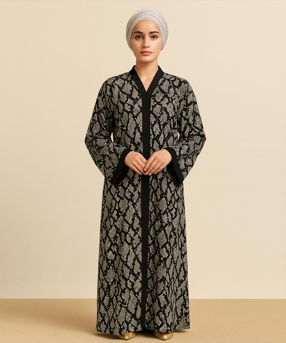 Front Open Abaya Snake Print Pattern in Black & Grey