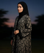 Front Open Abaya Snake Print Pattern in Black & Grey