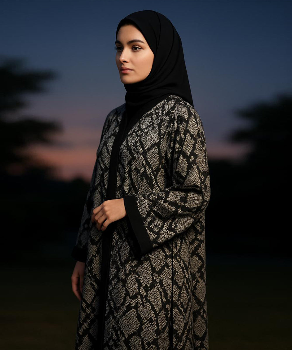 Front Open Abaya Snake Print Pattern in Black & Grey