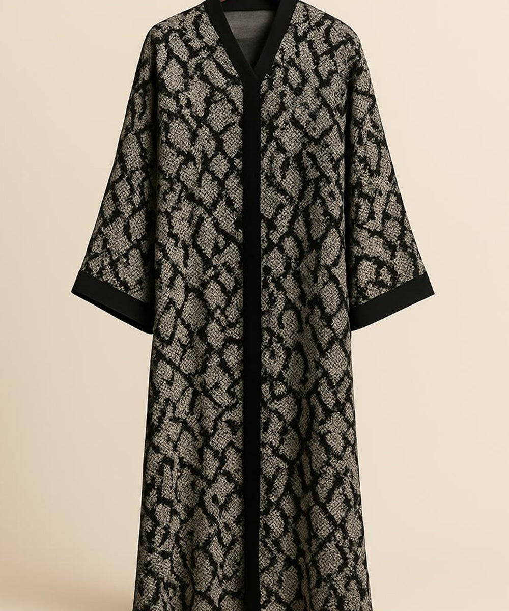 Front Open Abaya Snake Print Pattern in Black & Grey