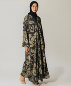Full Length Silhouette with Fall Abaya Black w bold beige Floral Print
