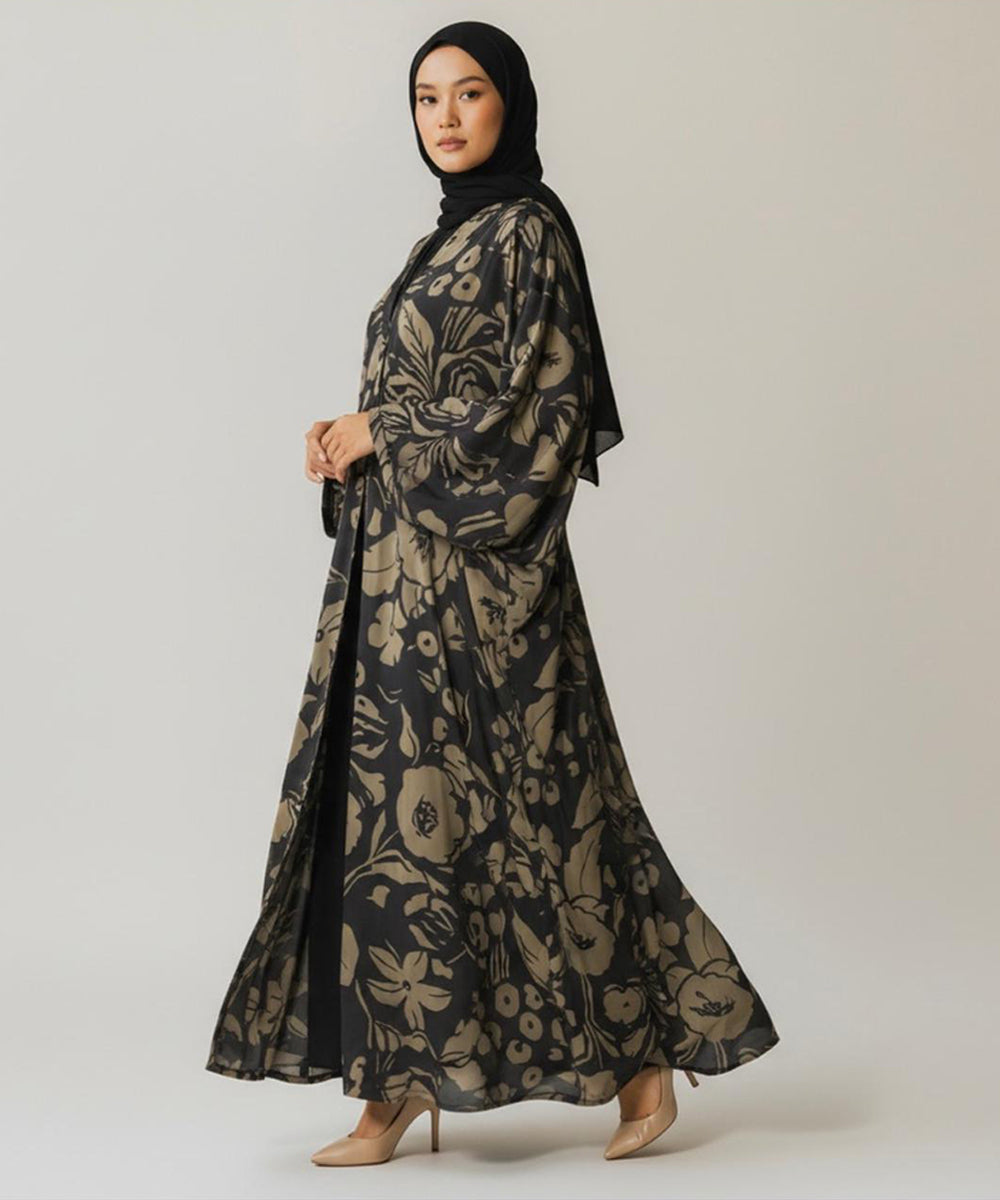 Full Length Silhouette with Fall Abaya Black w bold beige Floral Print