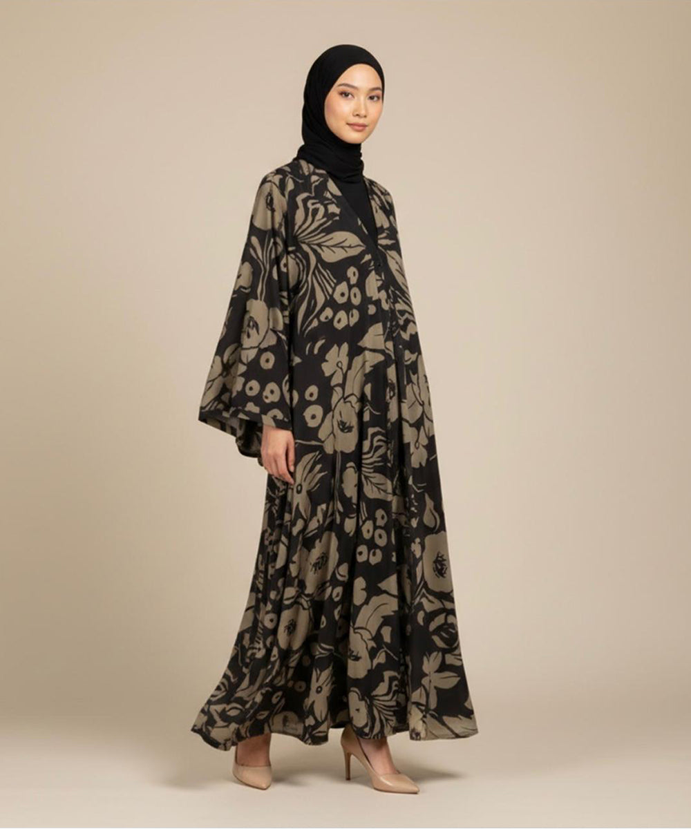 Full Length Silhouette with Fall Abaya Black w bold beige Floral Print