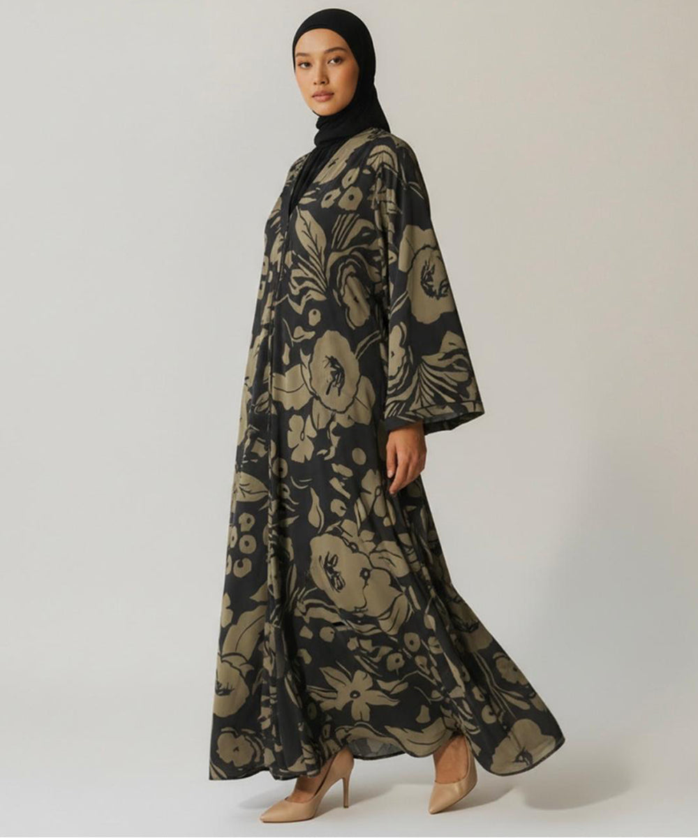 Full Length Silhouette with Fall Abaya Black w bold beige Floral Print