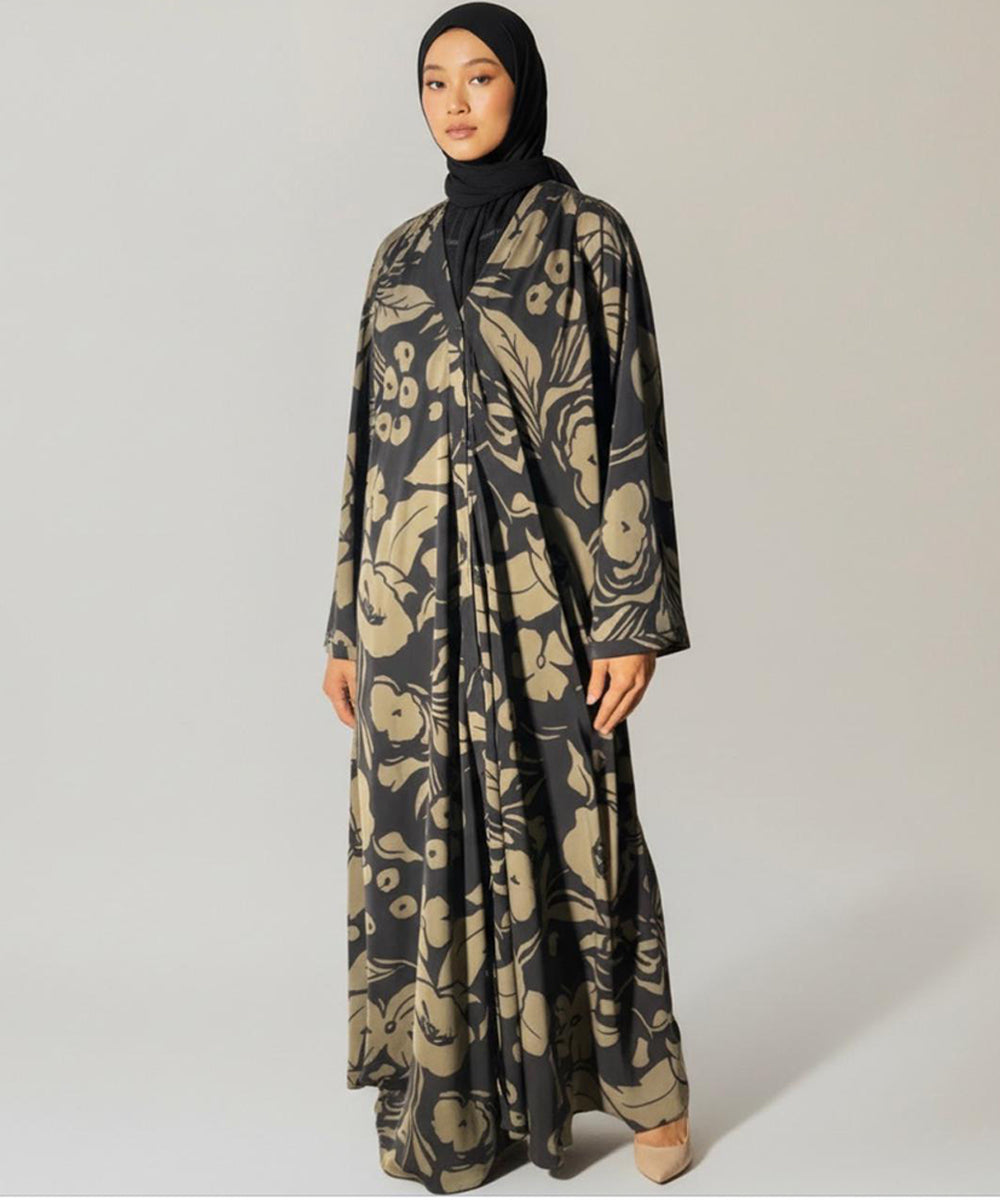 Full Length Silhouette with Fall Abaya Black w bold beige Floral Print