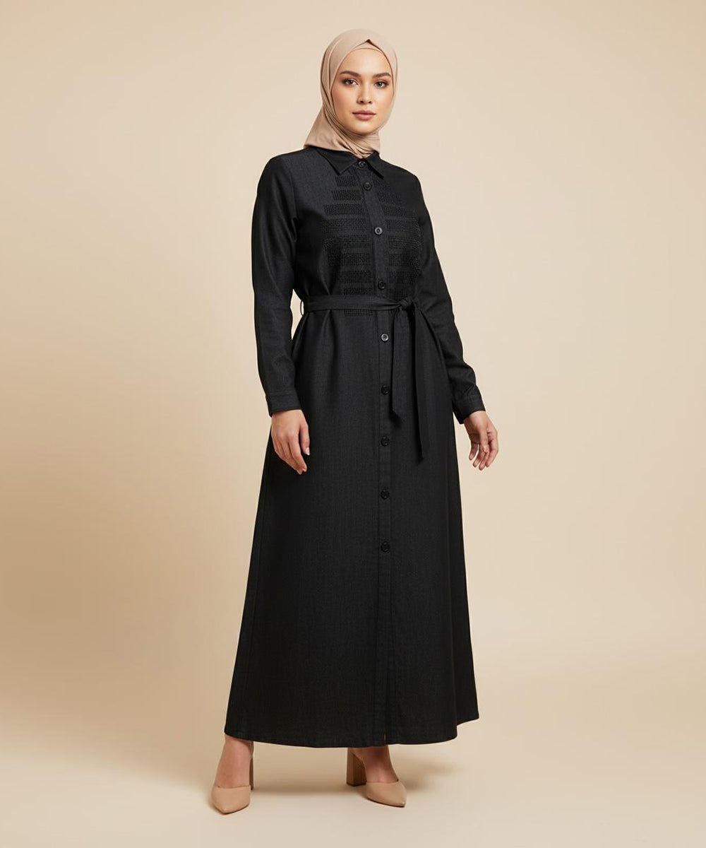 Jeans Stuff Front Button-Down Abaya with a Timeless Design