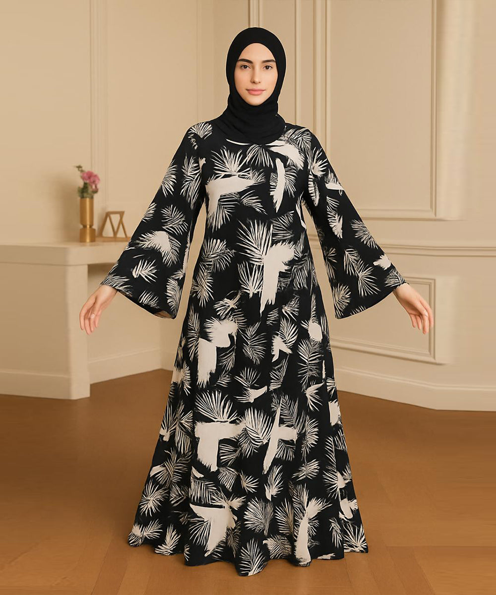Leafy Print Abaya (V Shoulder Cut) Black