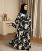 Leafy Print Abaya (V Shoulder Cut) Black
