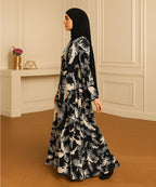 Leafy Print Abaya (V Shoulder Cut) Black