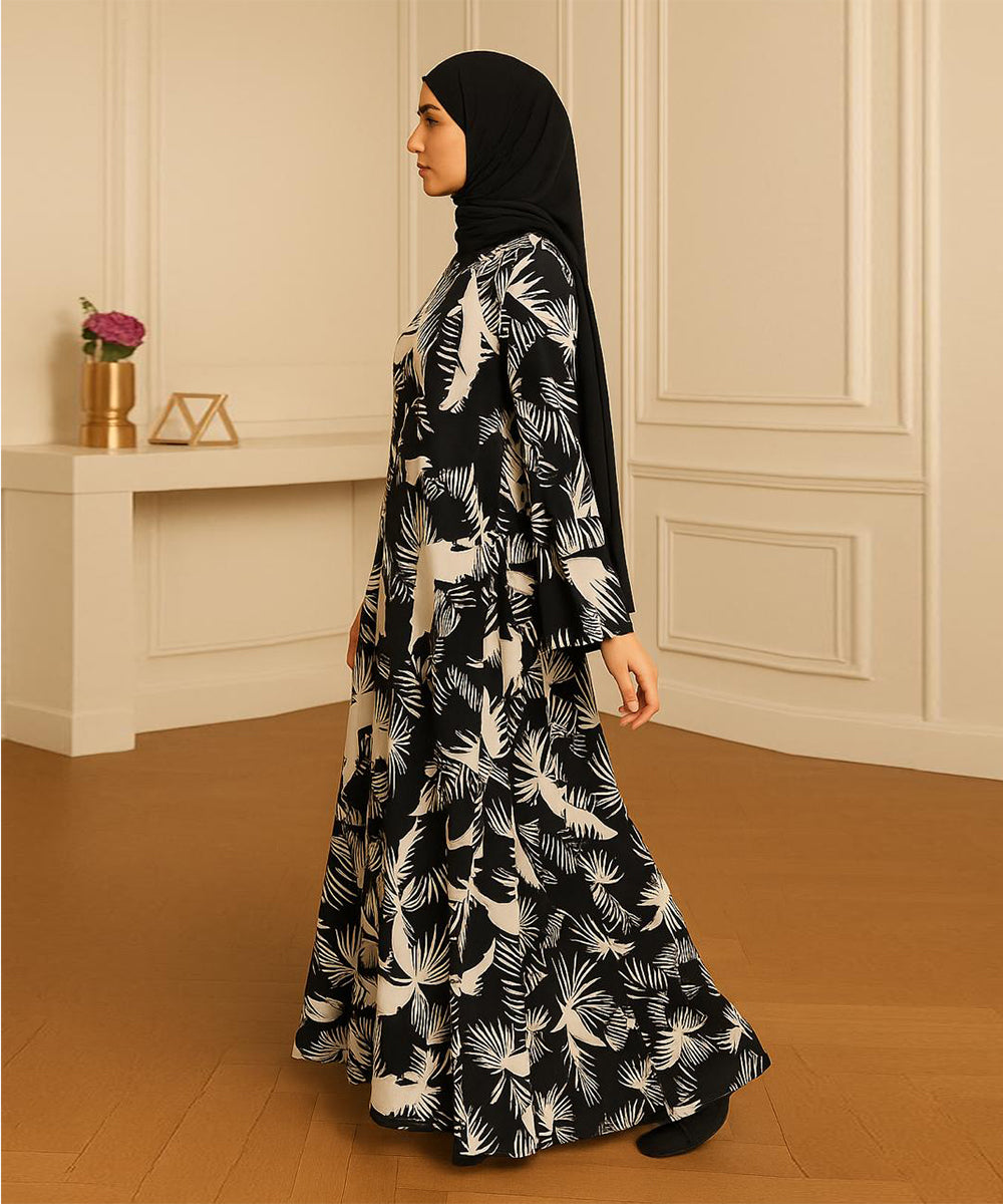 Leafy Print Abaya (V Shoulder Cut) Black