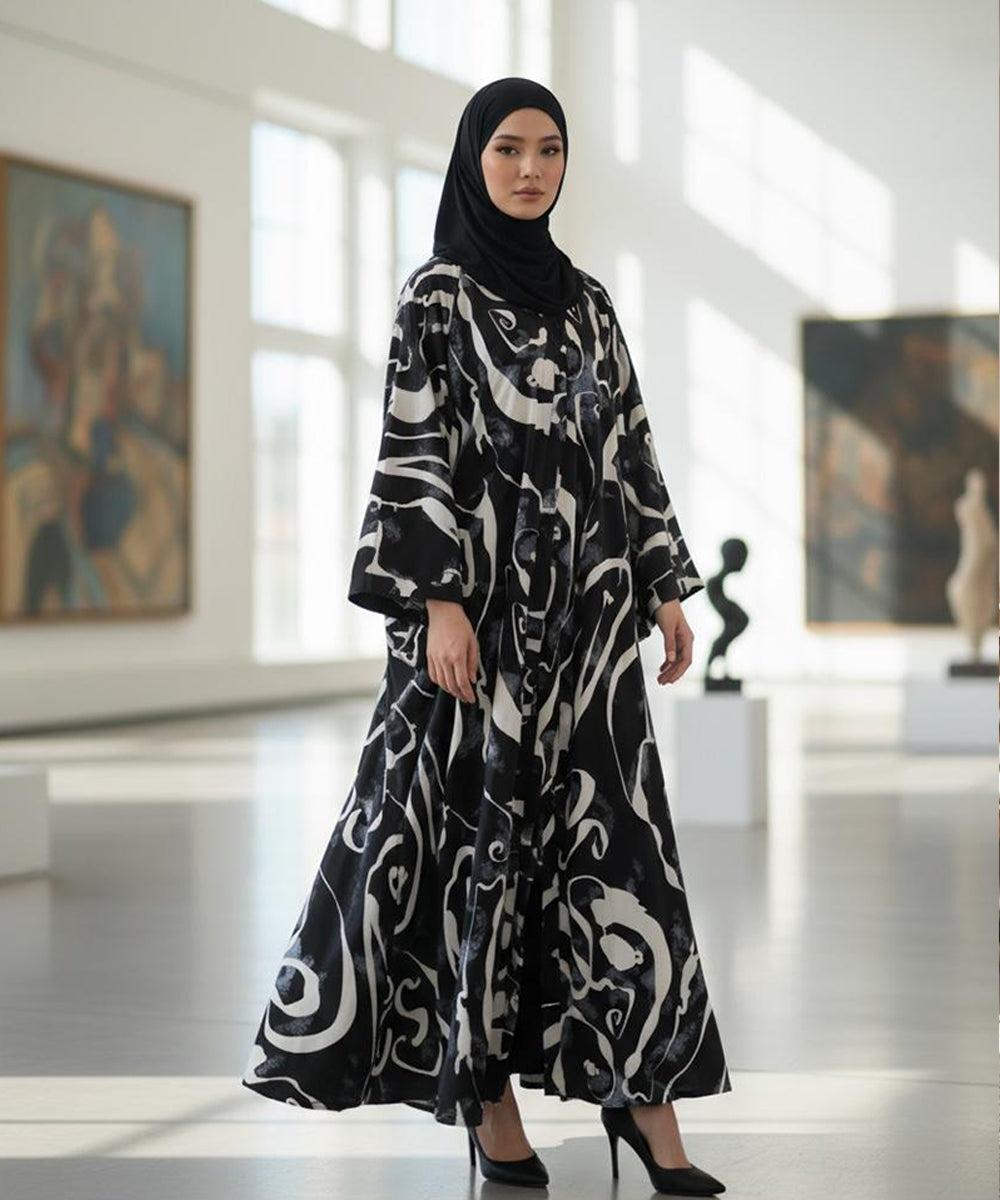 Luxurious Front Button Full Gheer Abaya Black w Bold Abstract Swirl Patterns