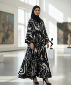 Luxurious Front Button Full Gheer Abaya Black w Bold Abstract Swirl Patterns