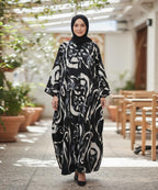Luxurious Front Button Full Gheer Abaya Black w Bold Abstract Swirl Patterns